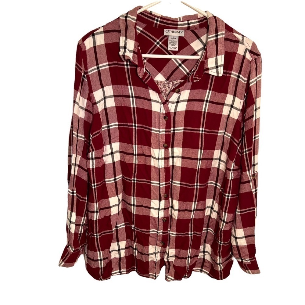 Catherine's Women's Plus Size 1X 18/20W Button Down Shirt Plaid Red White Black